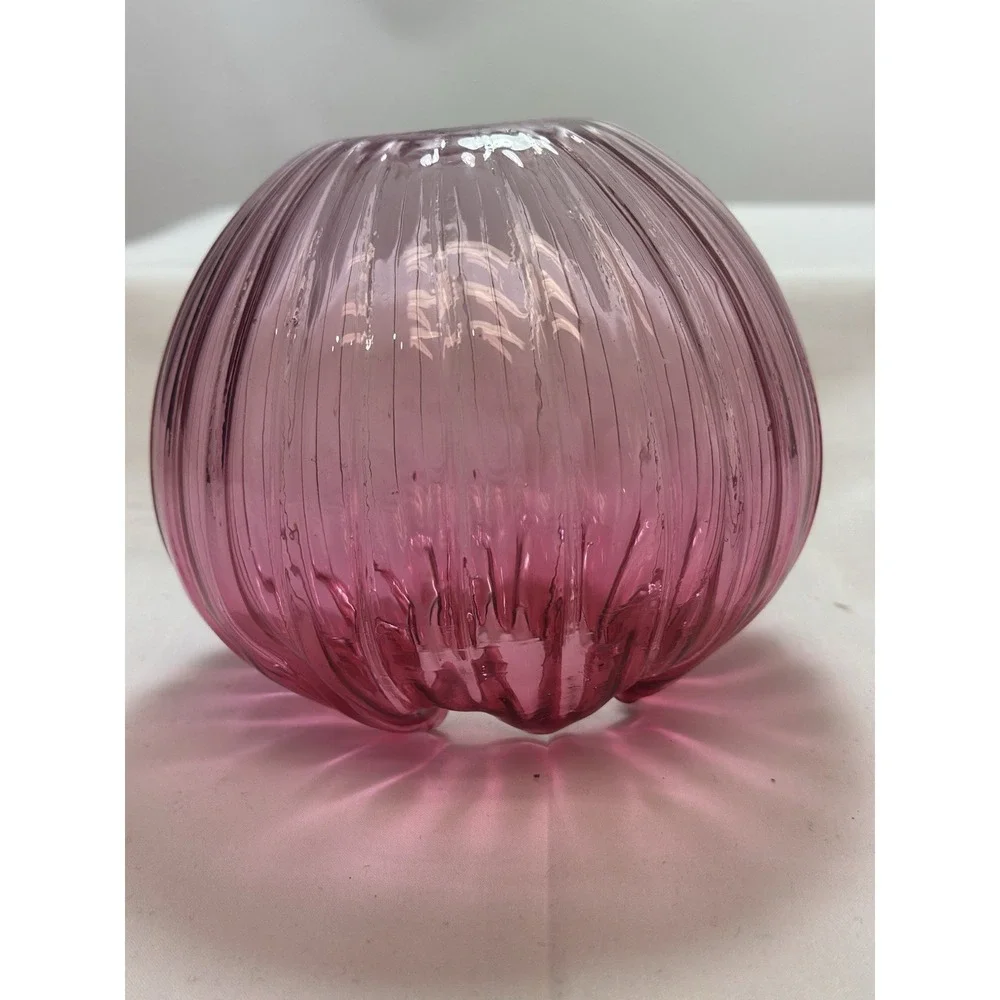 Two Cranberry To Clear Ribbed &‎ Crimped Swirl Rose Bowl Vases Ground Pontil 5